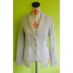 CAbi  Women's Checkered Seersucker Blazer Jacket Cotton Stretch Beige Brown